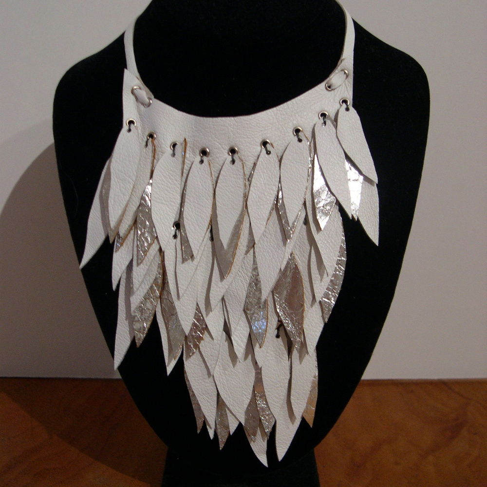 NWT Handmade White and Silver Leather Neckpiece